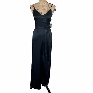 Forever 21 Black Satin Jumpsuit Dressy Wide Leg Formal Party Adjustable Strap S